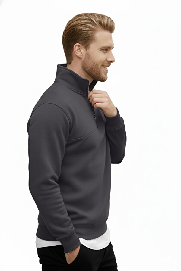 Deep Sea DeepSEA Erkek Füme Relax Fit İçi Polarlı %100 Pamuk Yarım Fermuarlı Dik Yaka Sweatshirt 2600760