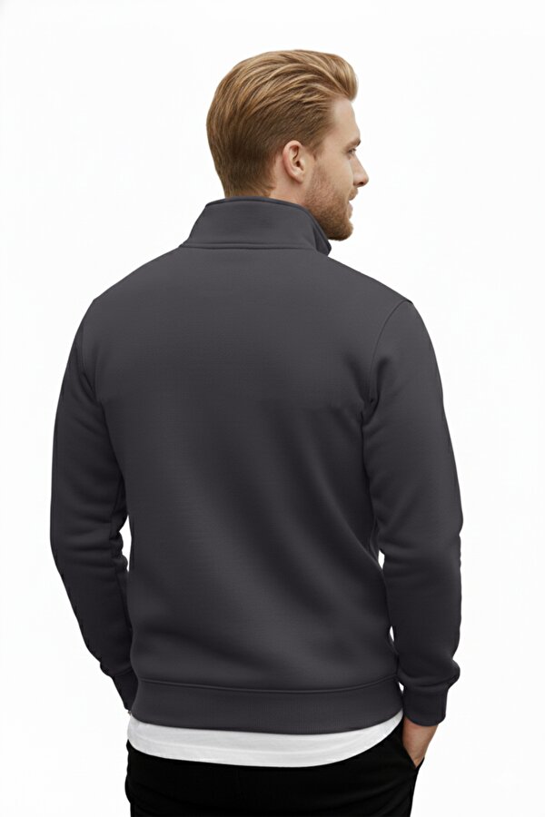 Deep Sea DeepSEA Erkek Füme Relax Fit İçi Polarlı %100 Pamuk Yarım Fermuarlı Dik Yaka Sweatshirt 2600760