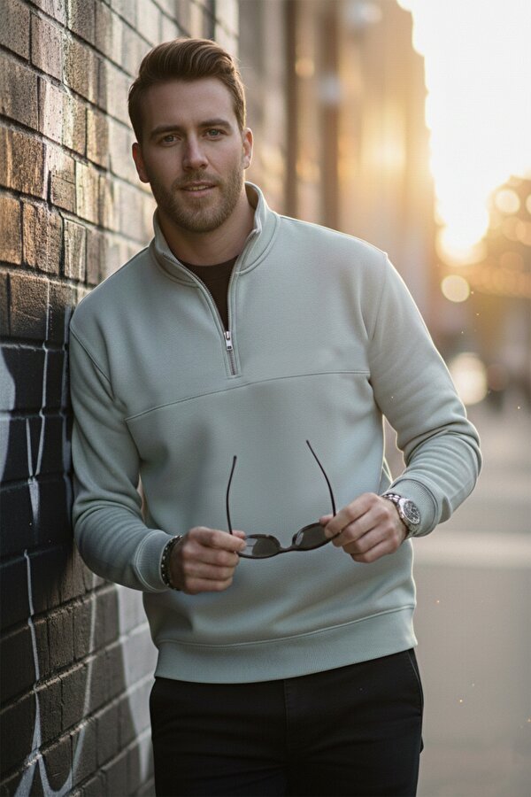 Deep Sea DeepSEA Erkek Mint Yeşili Relax Fit İçi Polarlı %100 Pamuk Yarım Fermuarlı Dik Yaka Sweatshirt 2600760