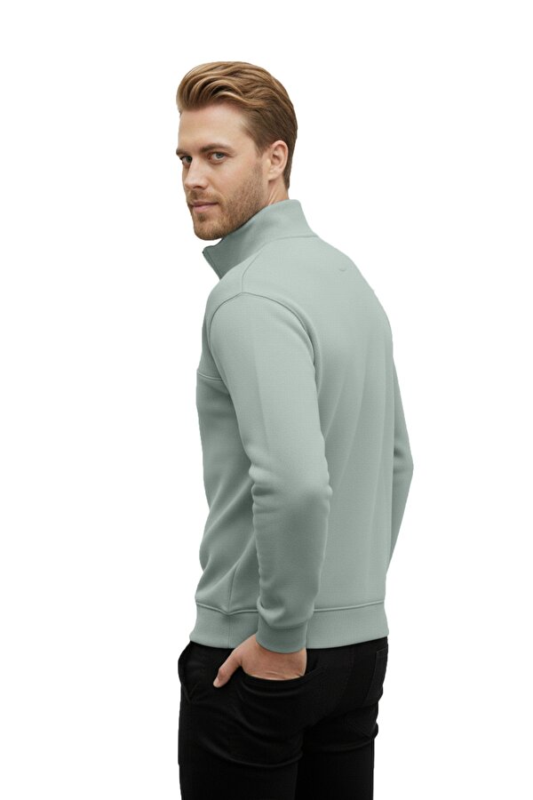Deep Sea DeepSEA Erkek Mint Yeşili Relax Fit İçi Polarlı %100 Pamuk Yarım Fermuarlı Dik Yaka Sweatshirt 2600760
