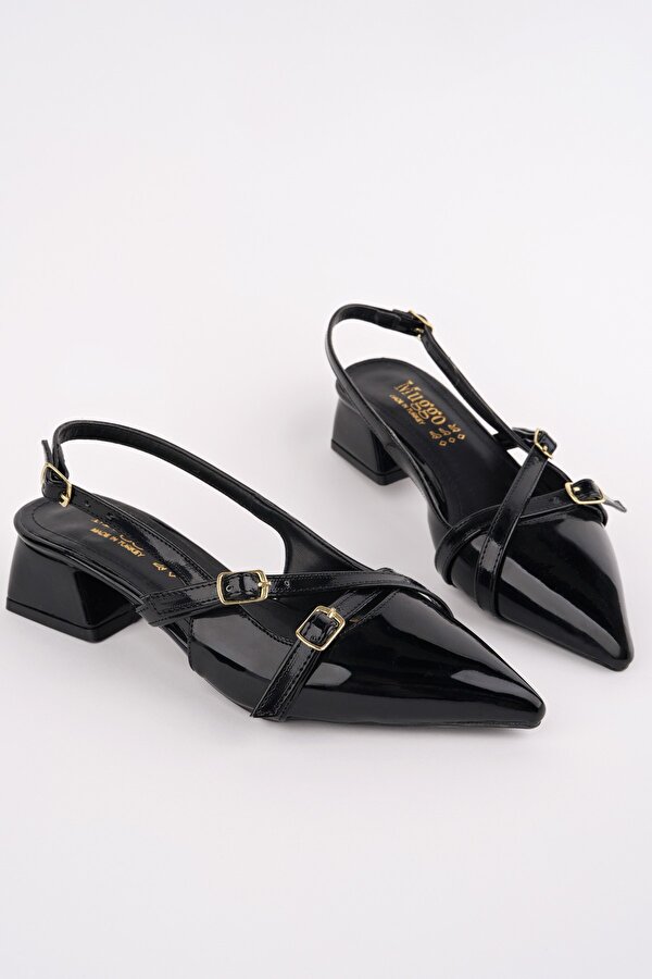 Muggo LUMİNA Sivri Burun Arkası Açık Kemer Detaylı İki Bantlı Kadın Kısa Topuklu Ayakkabı