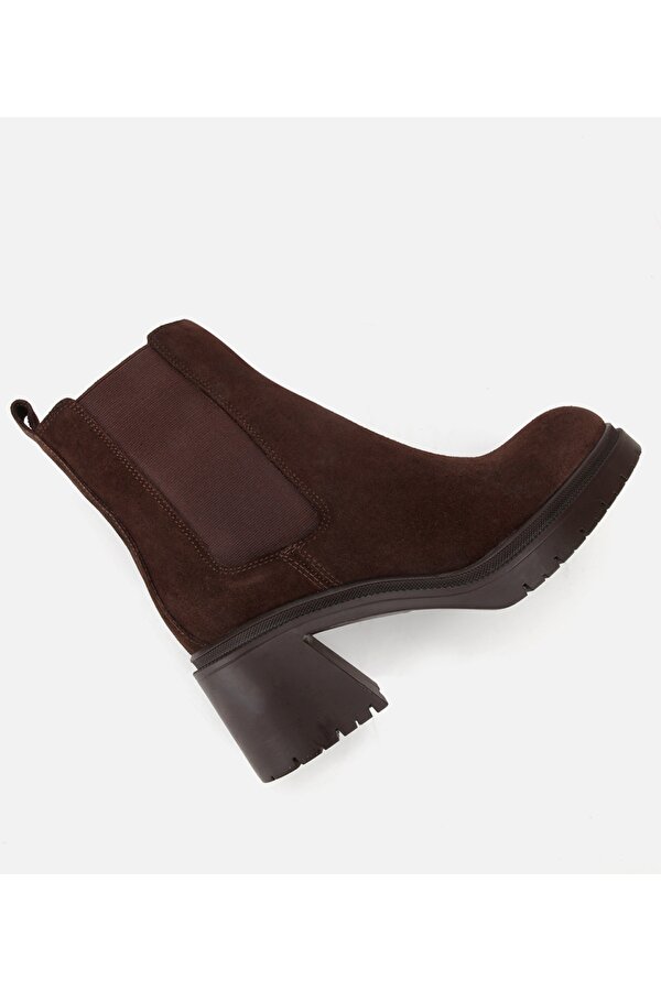 Hotiç Kadın Süet Deri Kahverengi Lastik Detaylı Kalın Topuklu Bot