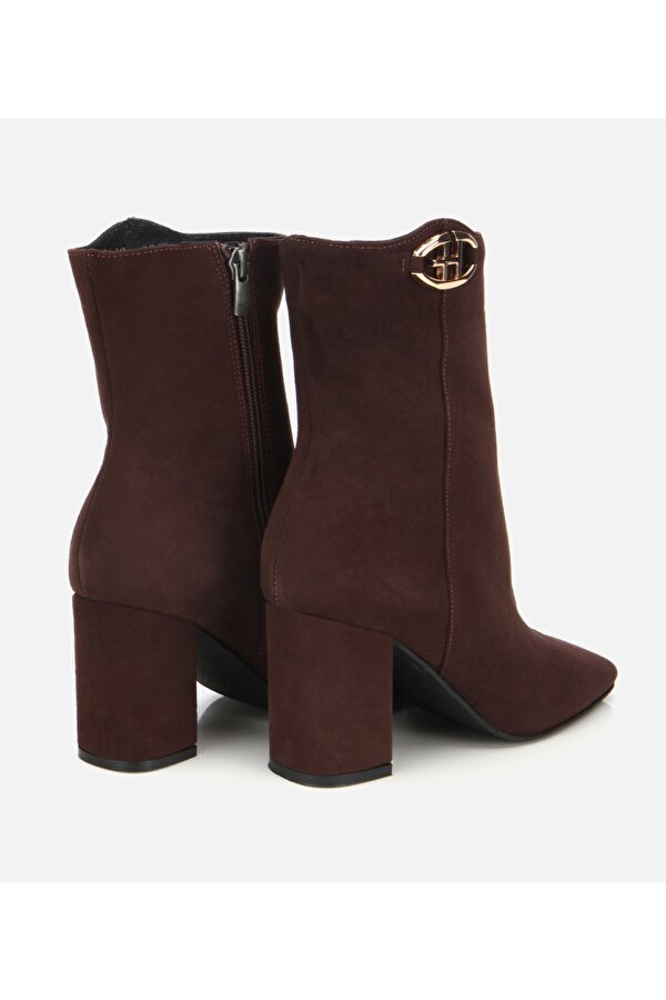 Hotiç Kadın Süet Deri Kahverengi Tokalı Kare Uçlu Bilekte Topuklu Bot