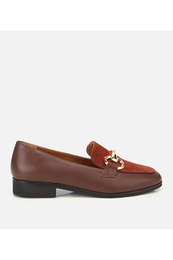 Kadın Süet Deri Acı Kahverengi Tokalı Klasik Loafer