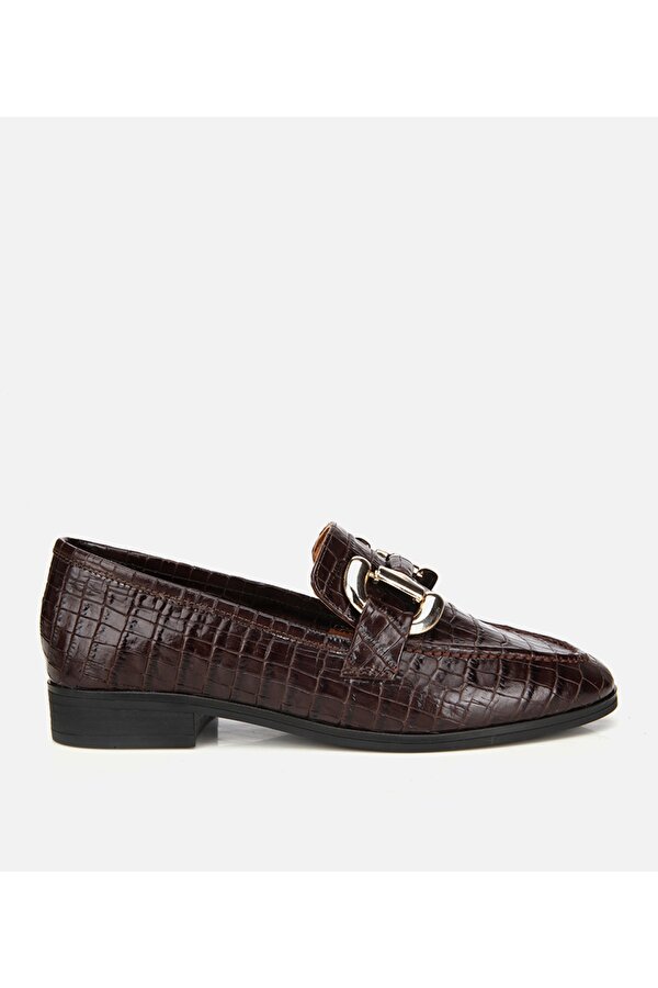 Kadın Deri Kahverengi Kroko Baskılı Klasik Loafer