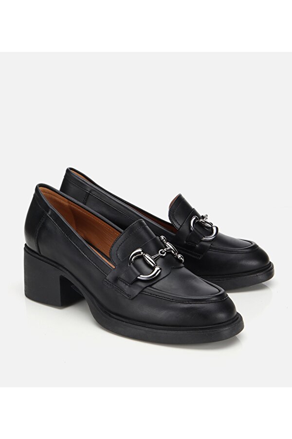 Hotiç Kadın Deri Siyah Tokalı Yüksek Topuklu Klasik Loafer