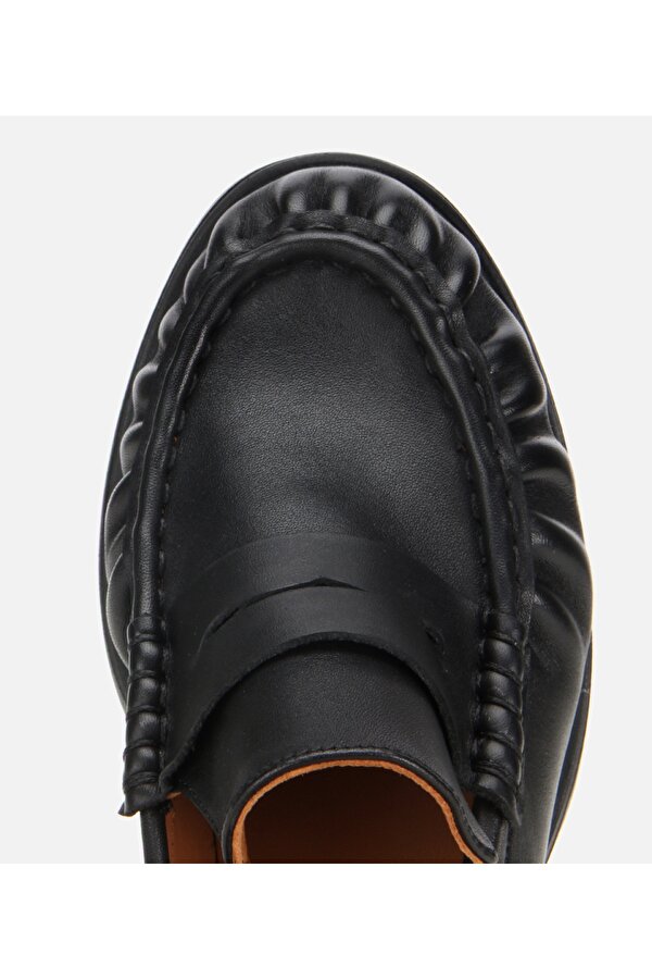 Hotiç Kadın Deri Siyah Büzgülü  Kalın Tabanlı Klasik Loafer