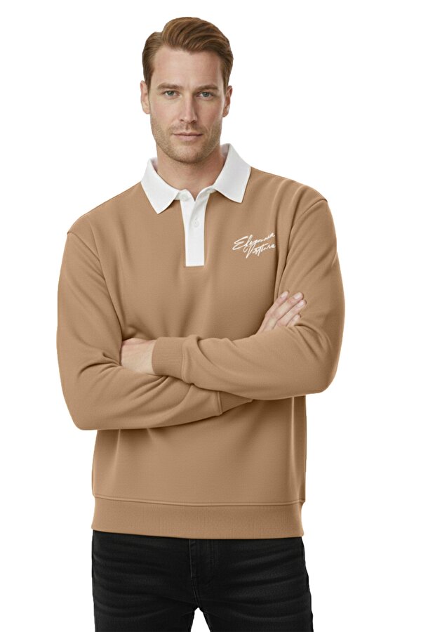 Deep Sea DeepSEA Erkek Camel Relax Fit İçi Polarlı Polo Yaka Sweatshirt – Pamuklu Kalın Sweatshirt 2600762