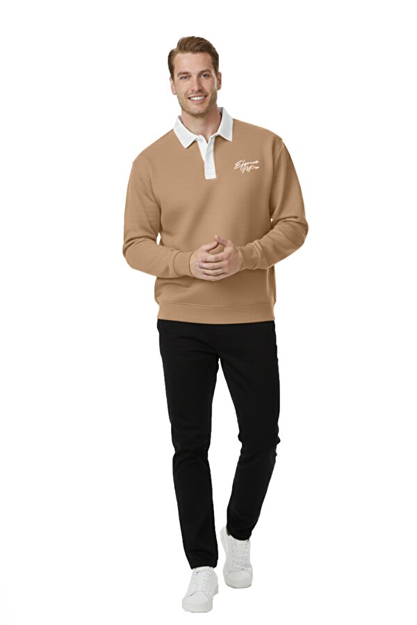 Deep Sea DeepSEA Erkek Camel Relax Fit İçi Polarlı Polo Yaka Sweatshirt – Pamuklu Kalın Sweatshirt 2600762