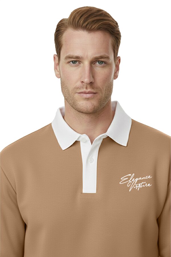 Deep Sea DeepSEA Erkek Camel Relax Fit İçi Polarlı Polo Yaka Sweatshirt – Pamuklu Kalın Sweatshirt 2600762