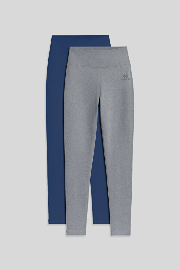 Slim Fit 2li Paket İndigo-Gri Melanj Kadın Kapri Tayt - 94011