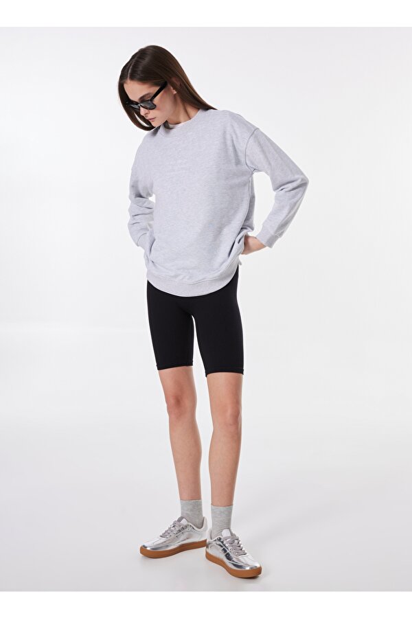 People by Fabrika Bisiklet Yaka Baskılı Gri Melanj Kadın Sweatshırt PBF4WL-SWT5631