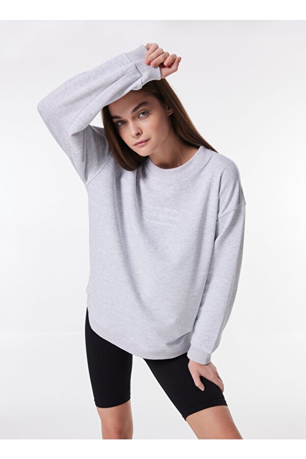 People by Fabrika Bisiklet Yaka Baskılı Gri Melanj Kadın Sweatshırt PBF4WL-SWT5631