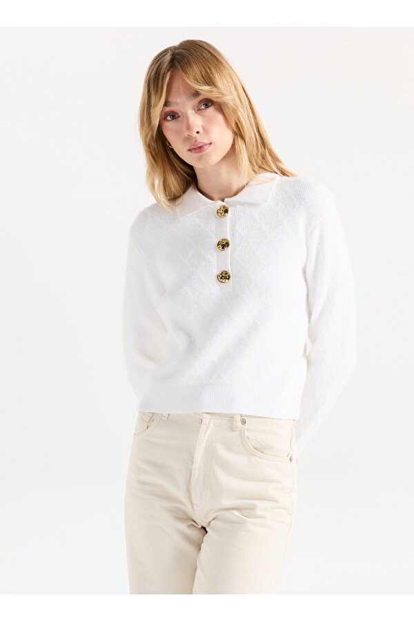 Fabrika Polo Yaka Relaxed Örgü Desenli Ekru Kazak Kadın F5WL-KZK0082