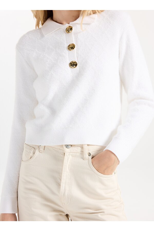 Fabrika Polo Yaka Relaxed Örgü Desenli Ekru Kazak Kadın F5WL-KZK0082