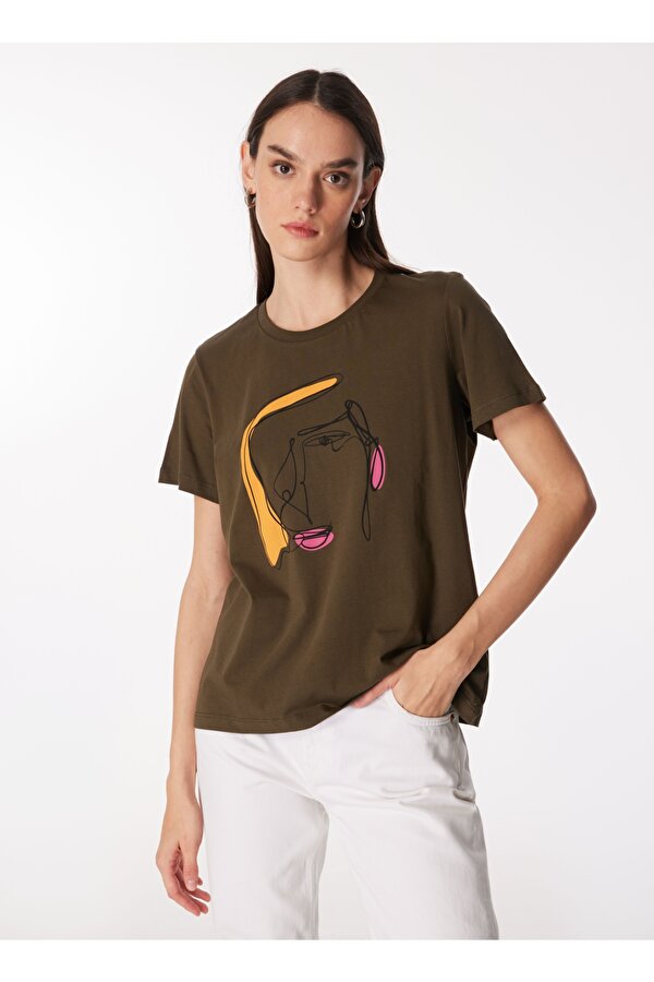 Fabrika Bisiklet Yaka Baskılı Haki Kadın T-Shirt F4SL-TST0726