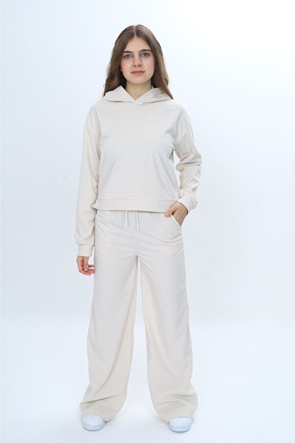 Toontoy Kids Kız Çocuk 2'li Takım Kapüşonlu Düşük Omuz Sweatshirt Bol Paça Cepli Eşofman Altı & Kadife