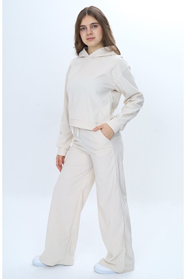 Toontoy Kids Kız Çocuk 2'li Takım Kapüşonlu Düşük Omuz Sweatshirt Bol Paça Cepli Eşofman Altı & Kadife