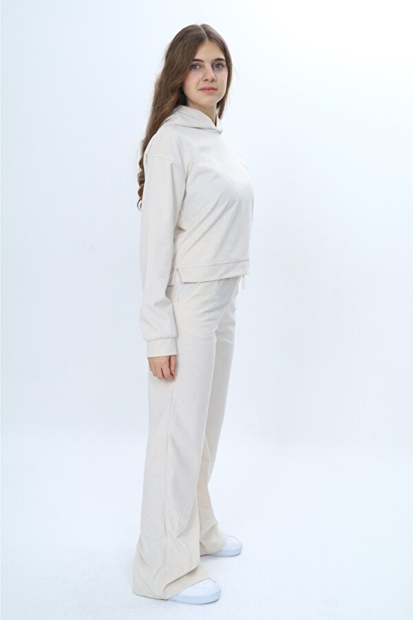 Toontoy Kids Kız Çocuk 2'li Takım Kapüşonlu Düşük Omuz Sweatshirt Bol Paça Cepli Eşofman Altı & Kadife