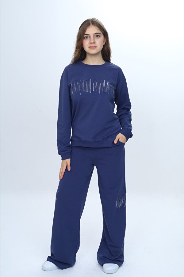 Toontoy Kids Kız Çocuk 2'li Takım Taş İşlemeli & Bisiklet Yaka Sweatshirt & Bol Paça Cepli Eşofman Altı