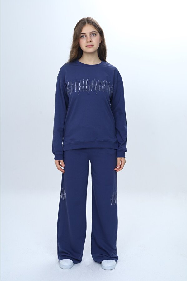 Toontoy Kids Kız Çocuk 2'li Takım Taş İşlemeli & Bisiklet Yaka Sweatshirt & Bol Paça Cepli Eşofman Altı