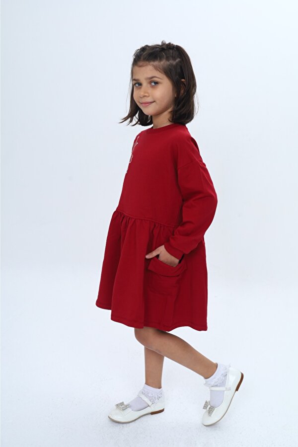 Toontoy Kids Kız Çocuk Baskılı Relax Fit Bisiklet Yaka Düşük Omuz Uzun Kollu Baskılı Elbise