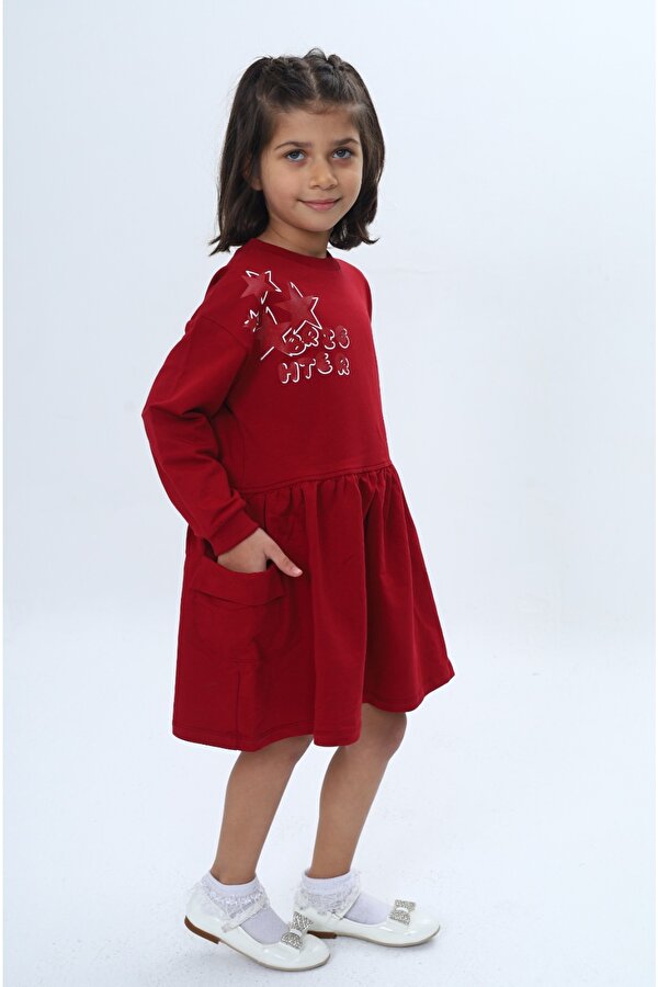 Toontoy Kids Kız Çocuk Baskılı Relax Fit Bisiklet Yaka Düşük Omuz Uzun Kollu Baskılı Elbise