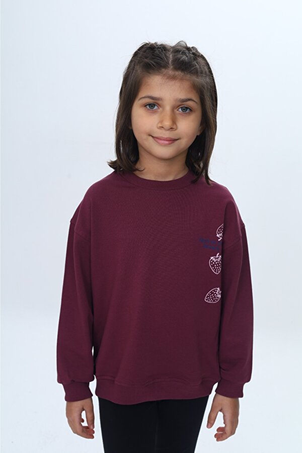 Toontoy Kids Kız Çocuk Relax Fit Bisiklet Yaka Düşük Omuz Baskılı Sweatshirt