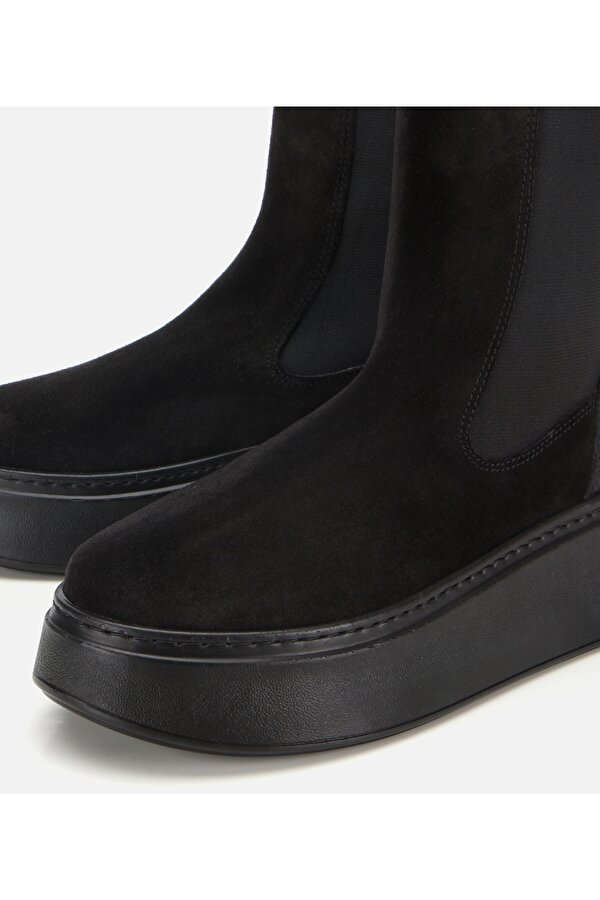 Hotiç Kadın Süet Deri Siyah Lastik Detaylı Kalın Tabanlı Düz Bot