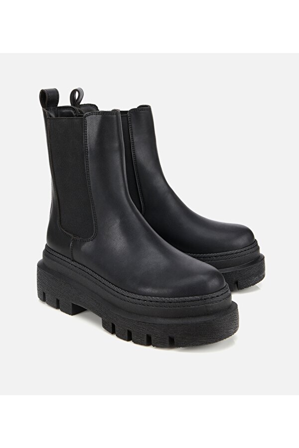 Hotiç Kadın Siyah Lastik Detaylı Kalın Tabanlı Düz Bot