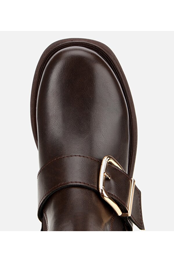 Hotiç Kadın Kahverengi Lastik Detaylı Tokalı Kalın Tabanlı Düz Bot