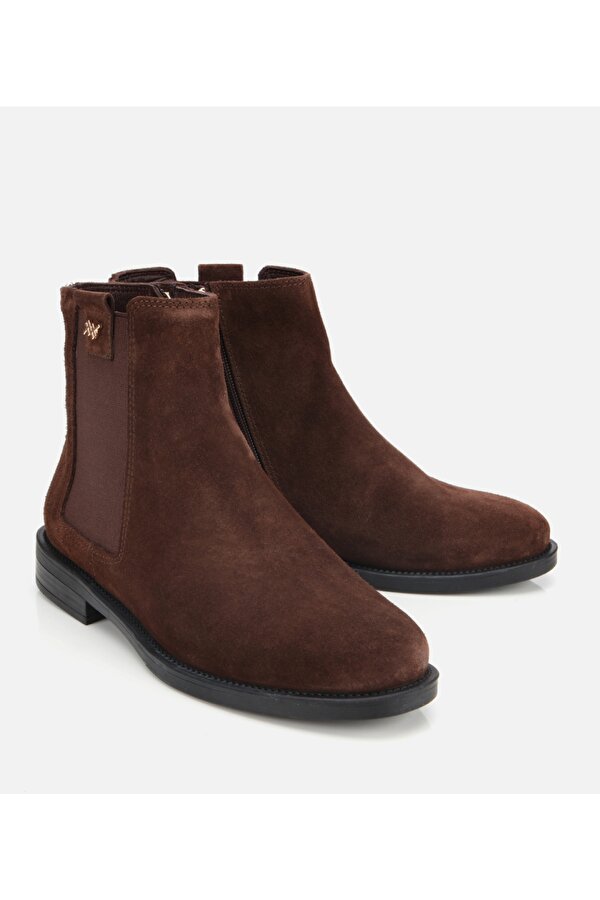 Hotiç Kadın Süet Deri Kahverengi Lastik Detaylı Bilekte Düz Bot