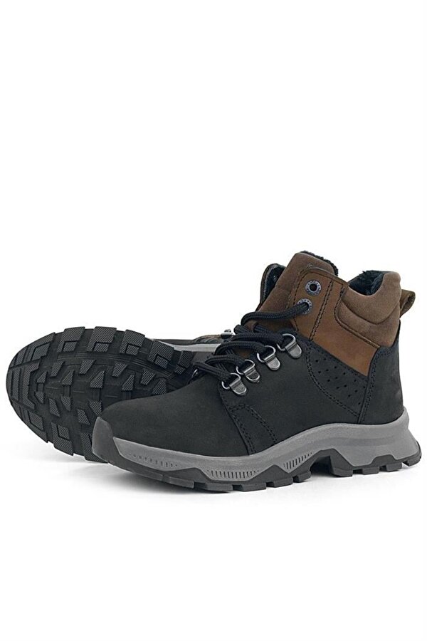 Rakerplus Hakiki Deri Siyah Kahverengi Fermuarlı Trekking Çocuk Bot