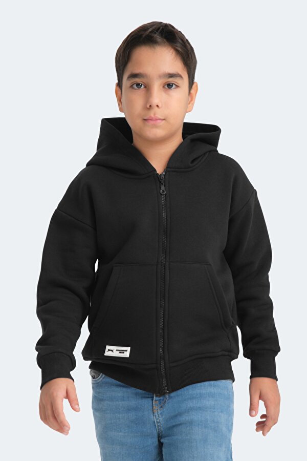 LEKAN Unisex Çocuk Fermuarlı Kapüşonlu Cepli Siyah Sweatshırt