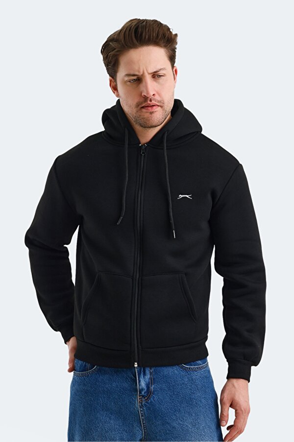 Slazenger CUDI I Erkek Fermuarlı Kapüşonlu Cepli Siyah Sweatshırt