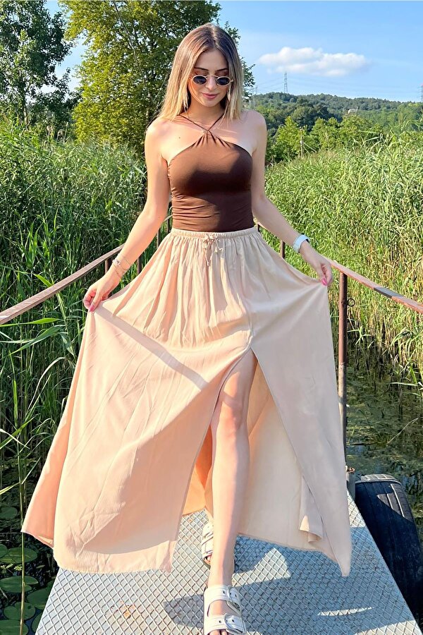 Madmext Bej Beli Lastikli Yırtmaçlı Uzun Kadın Etek MG2062