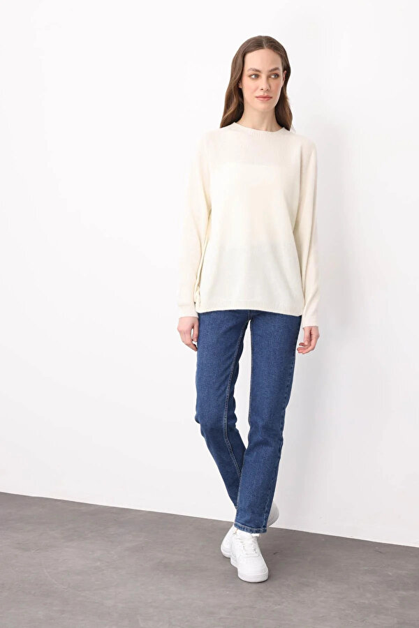 Desen Triko Kadın Sıfır Yaka Klasik Yün Kazak 23163 Kemik