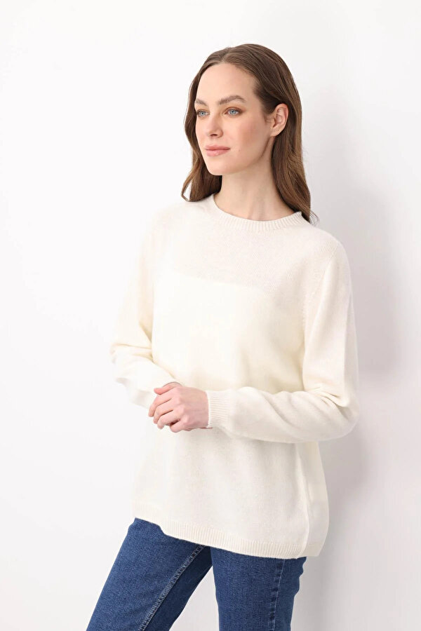 Desen Triko Kadın Sıfır Yaka Klasik Yün Kazak 23163 Kemik