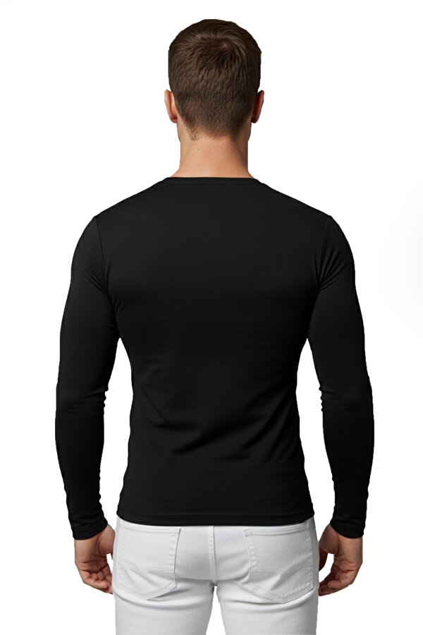 Deep Sea DeepSEA Siyah Dar Kalıp Likralı %90 Pamuk Erkek Sweatshirt – Vücuda Oturan İnce Penye Sweat 2300423