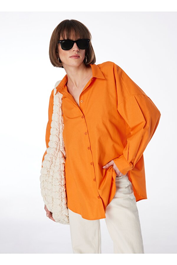 Fabrika Oversize Gömlek Yaka Düz Turuncu Kadın Gömlek FRANZ