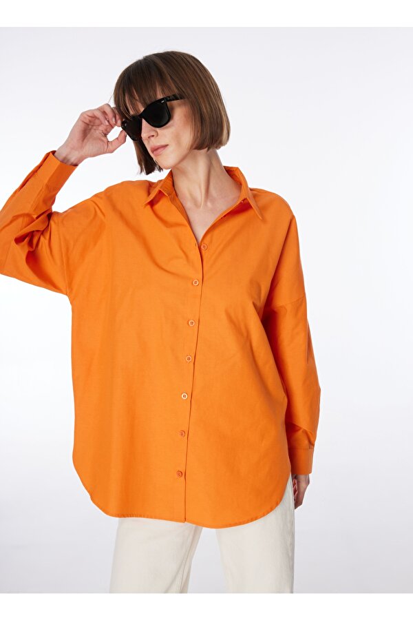 Fabrika Oversize Gömlek Yaka Düz Turuncu Kadın Gömlek FRANZ
