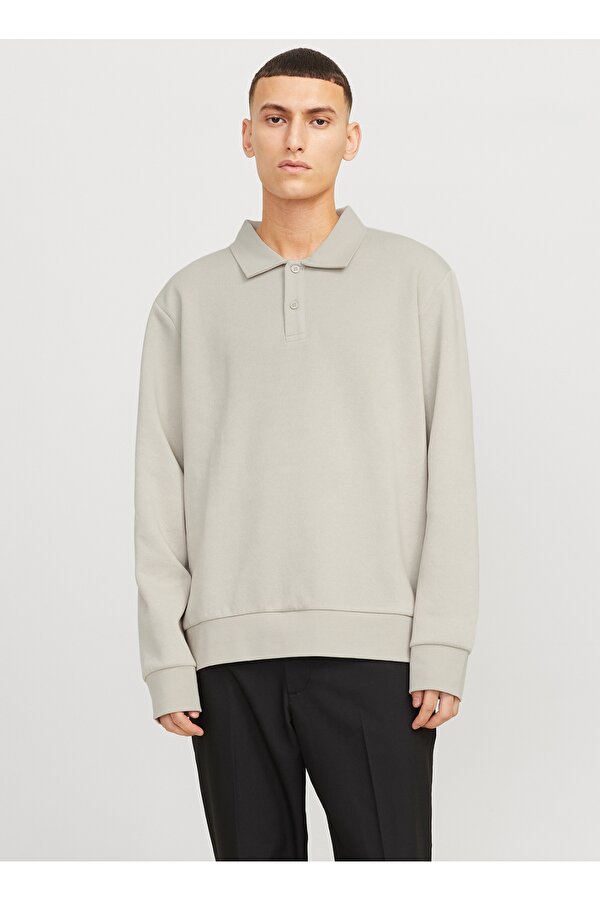 Jack & Jones Polo Yaka Bej Erkek Sweatshırt 12278586_JJEBRADLEY SWEAT POLO NOOS