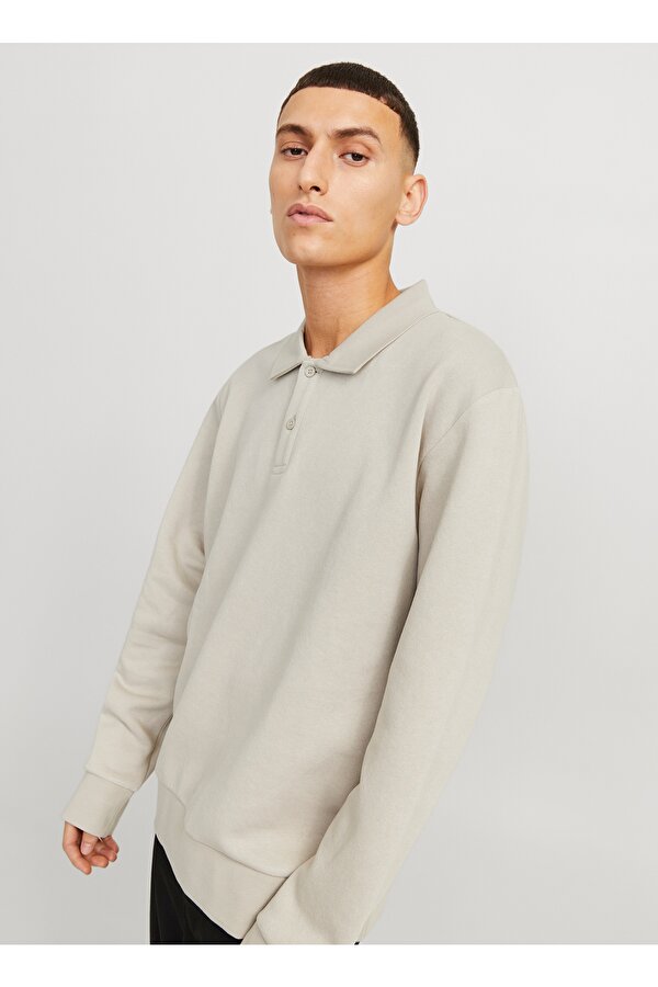 Jack & Jones Polo Yaka Bej Erkek Sweatshırt 12278586_JJEBRADLEY SWEAT POLO NOOS