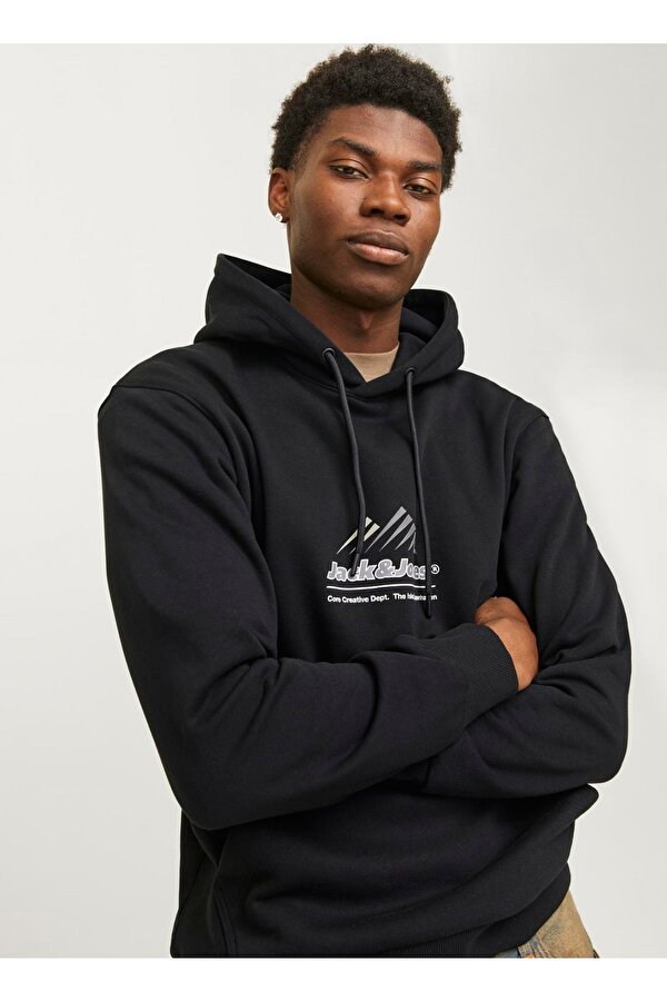 Jack & Jones Siyah Erkek Kapüşon Loose Fit Sweatshirt 12266908_JCOLIMA LOGO SWEAT HOOD BF