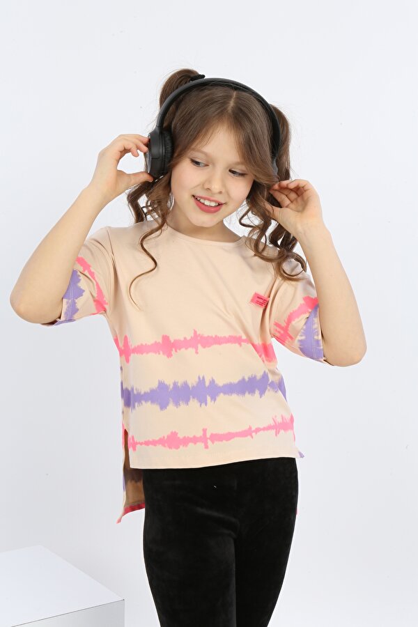 Toontoy Kids Kız Çocuk Baskılı Bisiklet Yaka Kısa Kollu Tişört - Arkası Uzun