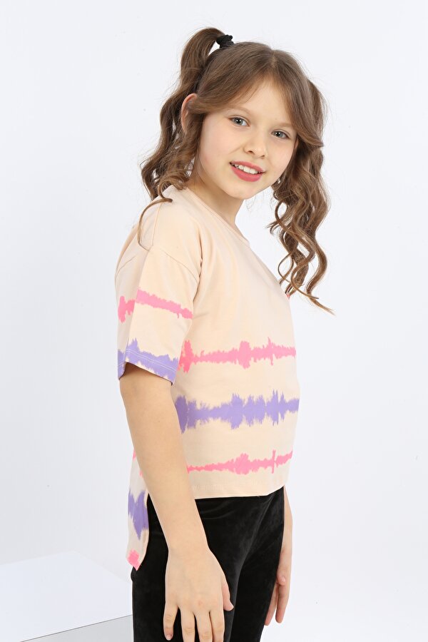 Toontoy Kids Kız Çocuk Baskılı Bisiklet Yaka Kısa Kollu Tişört - Arkası Uzun