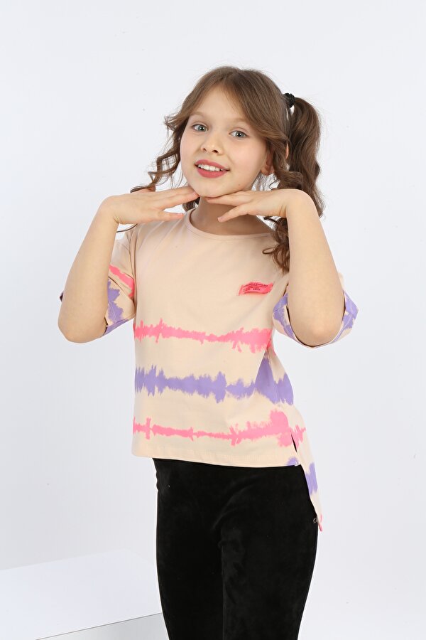 Toontoy Kids Kız Çocuk Baskılı Bisiklet Yaka Kısa Kollu Tişört - Arkası Uzun