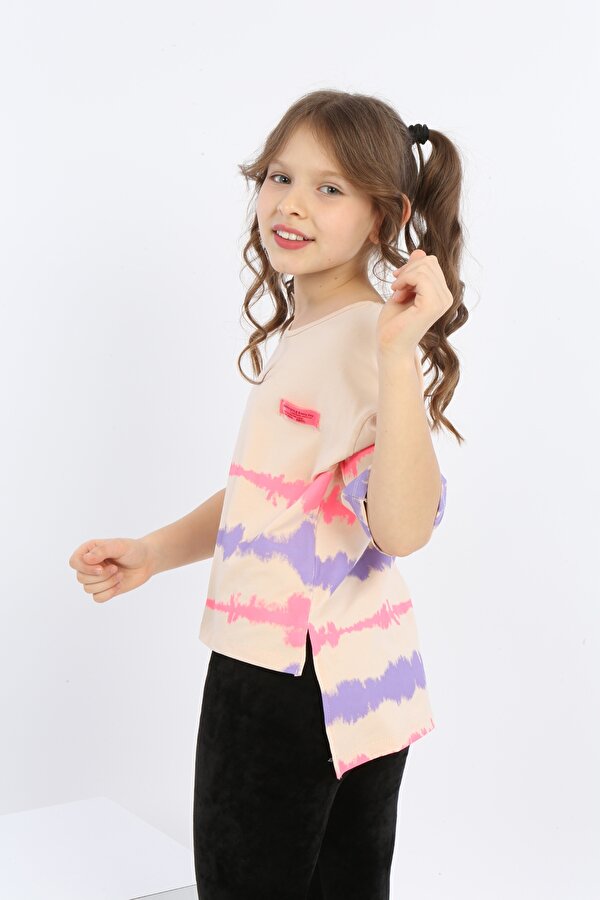 Toontoy Kids Kız Çocuk Baskılı Bisiklet Yaka Kısa Kollu Tişört - Arkası Uzun