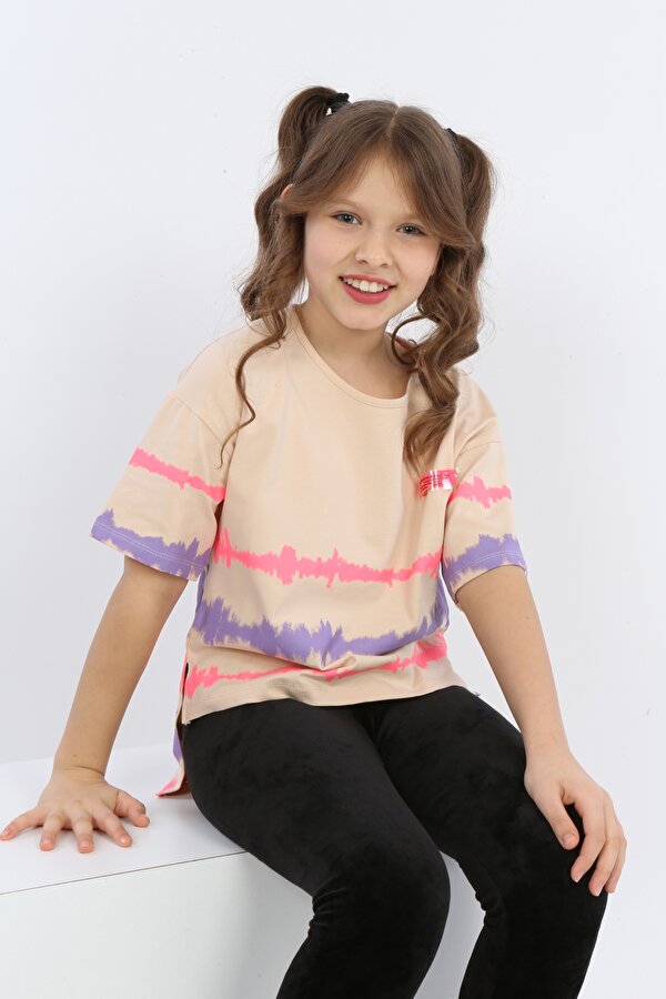 Toontoy Kids Kız Çocuk Baskılı Bisiklet Yaka Kısa Kollu Tişört - Arkası Uzun