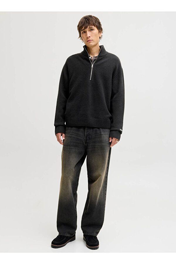 Jack & Jones Yüksek Yaka Bol Kesim Siyah Erkek Kazak 12282749_JORNORREBRO KNIT HALF ZIP